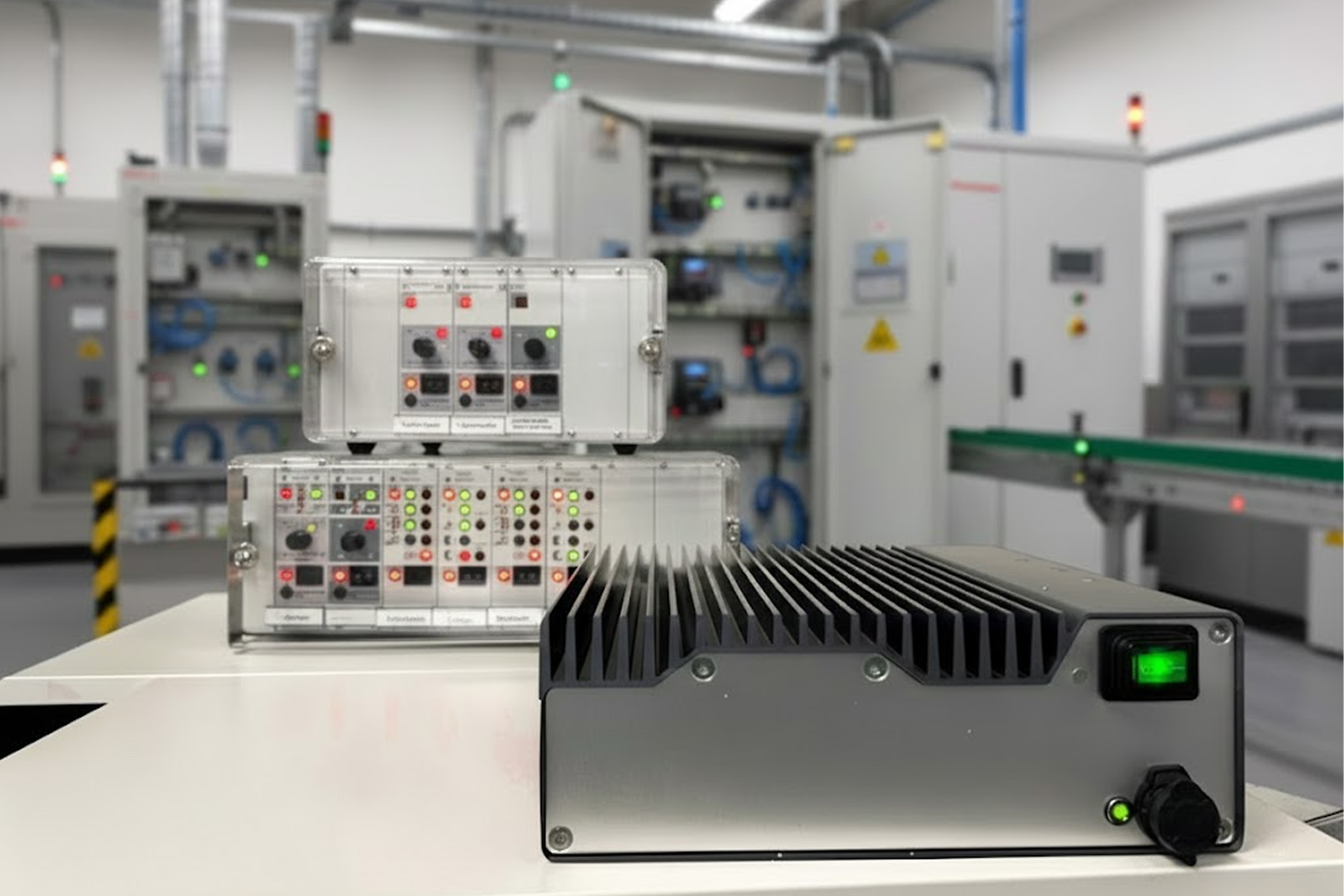 MOBADRIVE FC 3082 frequency controller displayed in the foreground of a production environment, with older Schmocker SE-series control units stacked behind it, illustrating the evolution from legacy feeder controllers to the new MOBADRIVE generation.