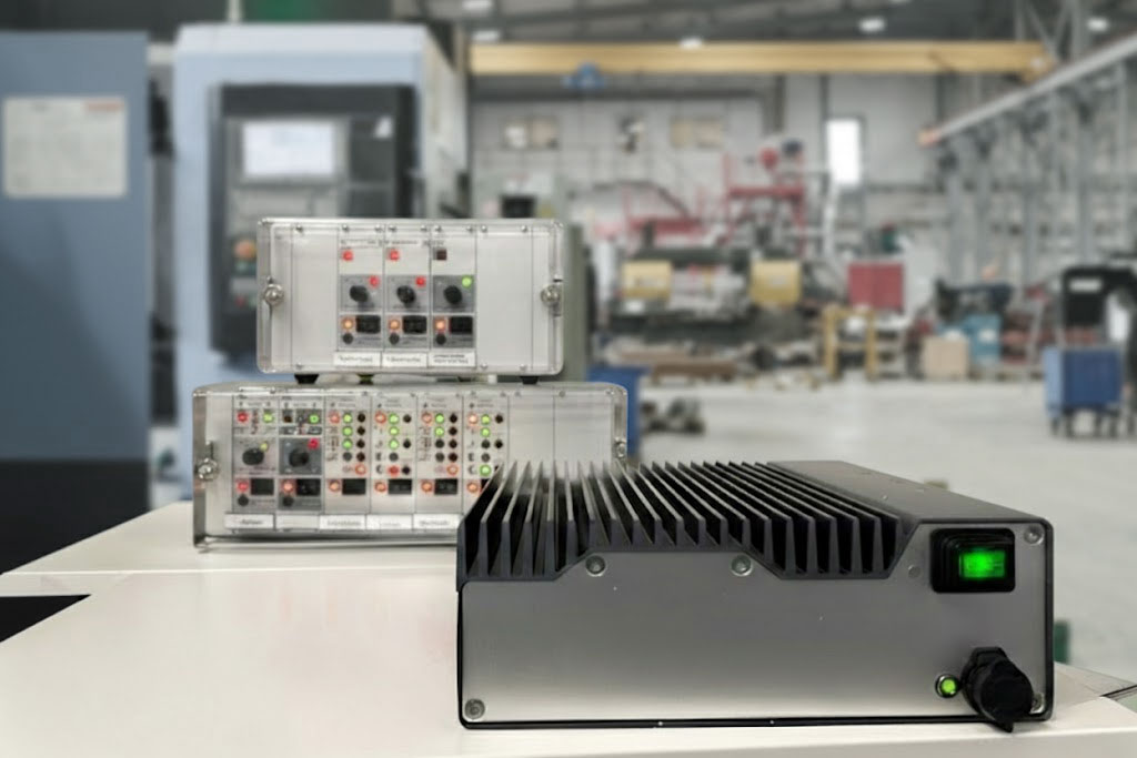 MOBADRIVE FC 3082 frequency controller displayed in the foreground of a production environment, with older Schmocker SE-series control units stacked behind it, illustrating the evolution from legacy feeder controllers to the new MOBADRIVE generation.