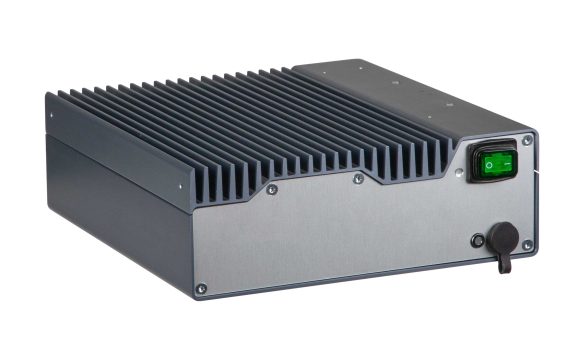 Perspective view of the MOBADRIVE FC 3082, a robust 3-channel industrial frequency controller with aluminum cooling fins, front panel, green power switch, and USB port cover.