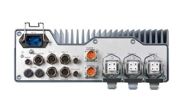 Rear view of the MOBADRIVE FC 3082 showing power input, Ethernet/IP, accessory ports, inverter connections, digital inputs and outputs, and the three feeder output connectors.